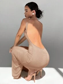 Aloruh 女士派对闪亮长开叉紧身露背长袖连衣裙 - 杏色 - 查看 1