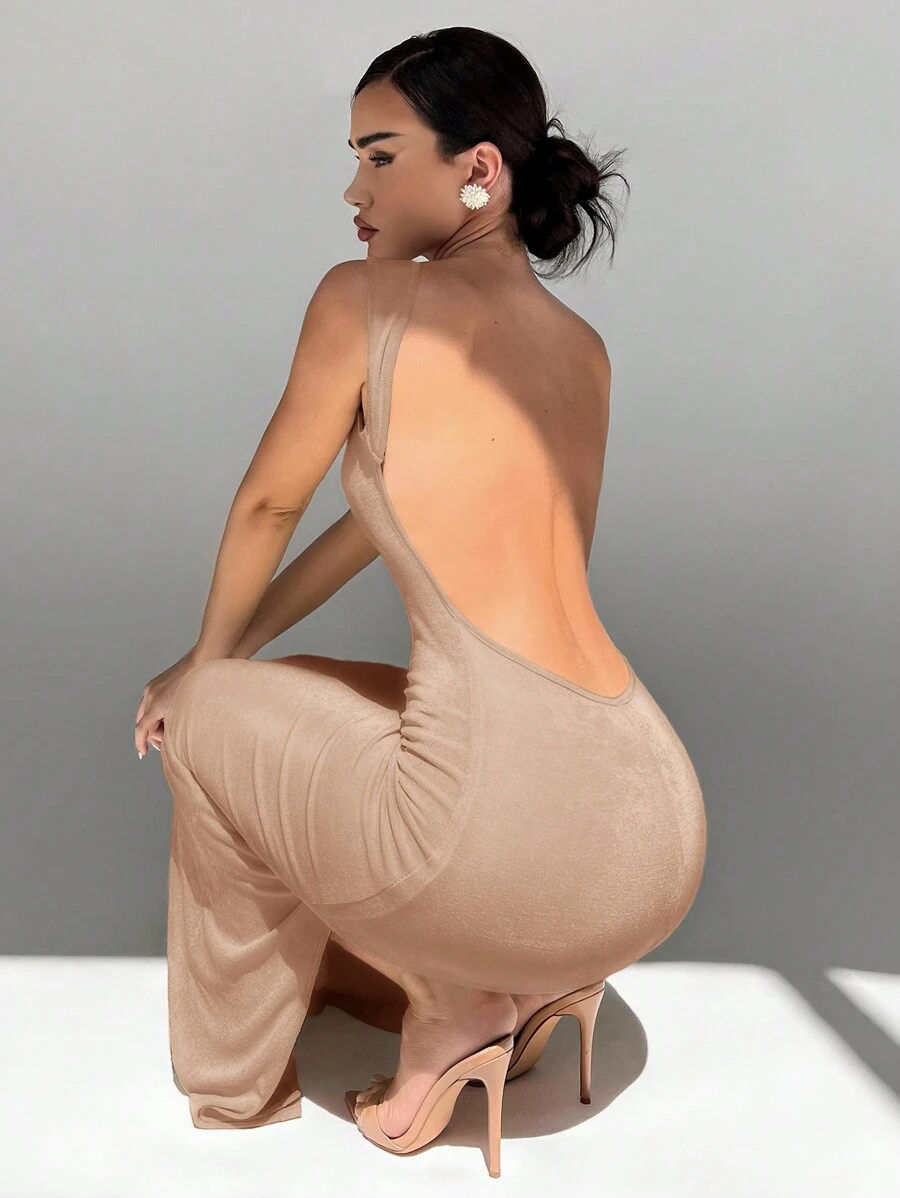 Aloruh 女士派对闪亮长开叉紧身露背长袖连衣裙 - 杏色 - 查看 1