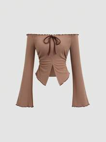 Sweetra Áo crop top cổ điển kẻ sọc hở vai gợi cảm mới dành cho nữ có nơ, tay dài, vừa vặn, phong cách đại học, dành cho mùa thu đông Y2K - Cà phê nâu - Xem 1