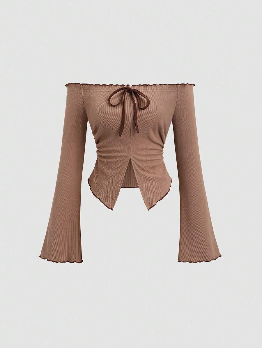 Sweetra Áo crop top cổ điển kẻ sọc hở vai gợi cảm mới dành cho nữ có nơ, tay dài, vừa vặn, phong cách đại học, dành cho mùa thu đông Y2K - Cà phê nâu - Xem 1