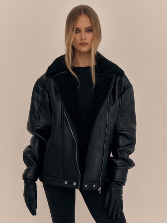 MUSERA Faux Leather Fur Trim Aviator Jacket