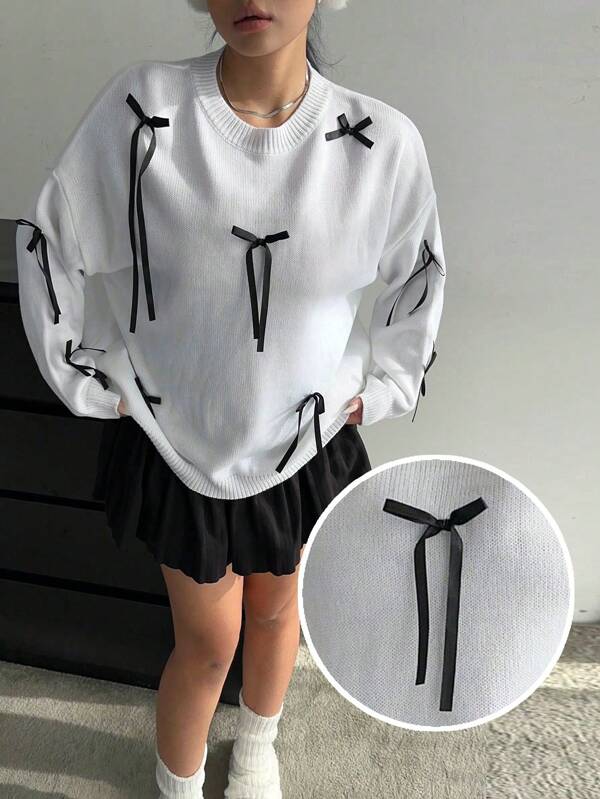 Flirla Autumn Winter Fashion Loose Casual 3D Bow Decor Women Crew Neck Pullover Sweater Knit Pullover Fall Outfit