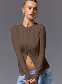 MUSERA Button Down Long Sleeve Knit Top Sweater For Spring Y2K 90's Casual Cute Airport Holiday Winter Everyday Office Work Chic Spring - Chocolate Brown - View 5