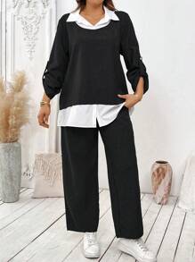 SHEIN LUNE 1set Plus Size Women Color Block Long Sleeve Shirt And Pants Coordinated Set, Autumn Fall Cloth For Women - Black - View 3