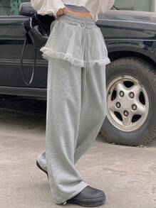 DAZY 女士蕾丝拼布前系带腰部休闲运动裤