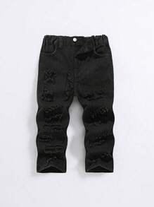 SHEIN Jonge jongens modieuze versleten gescheurde gerafeld patchwork losse pasvorm baggy zwarte jeans, vrijetijds- en veelzijdige voor kinderen herfst/winter outdoor kleding outfits