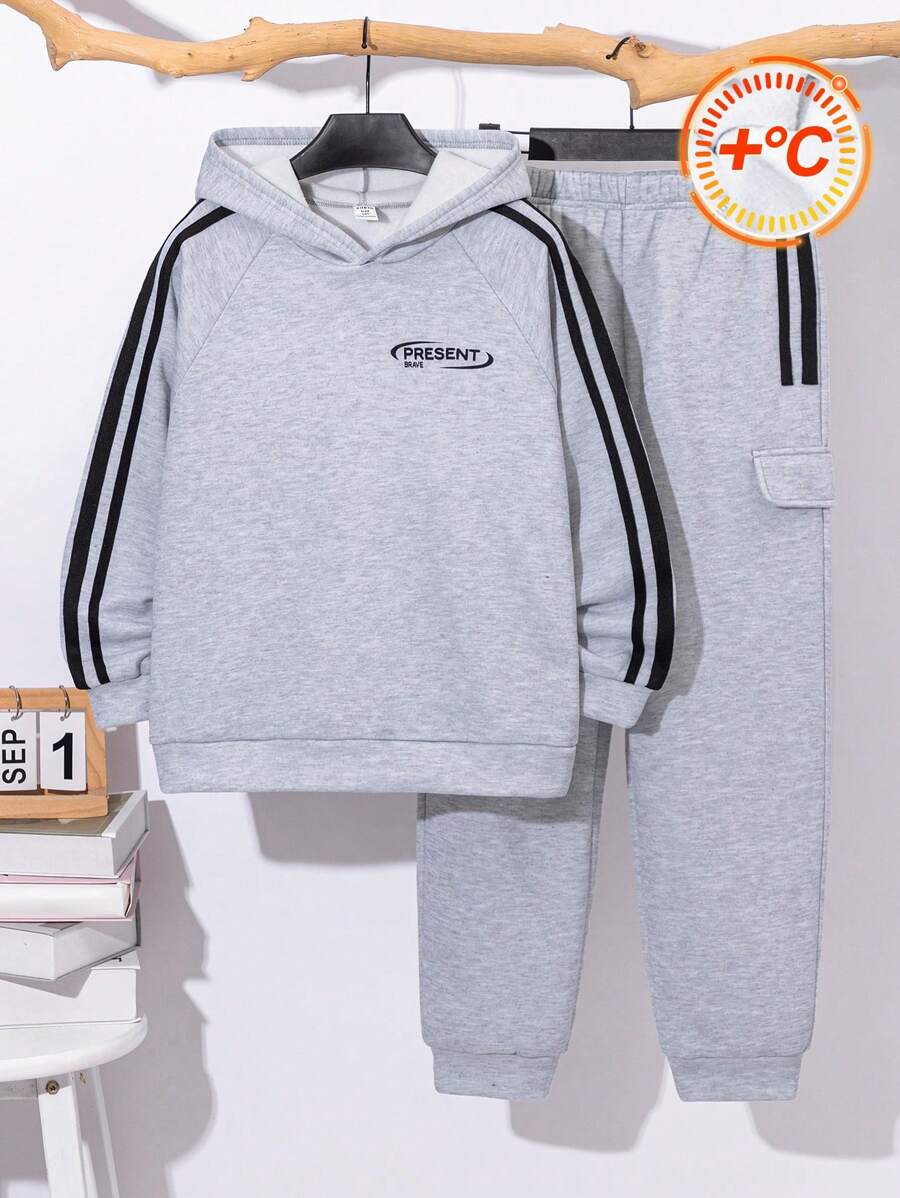 SHEIN Leap Crew 2 件 Tween Boy 休闲运动字母图案连帽衫和运动裤套装，适合通勤、上学、日常休闲装和运动 - 灰色 - 查看 1