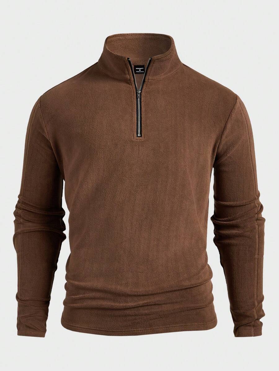Manfinity VCAY 男士修身立领半拉链长袖休闲针织 Polo 衫，适合秋冬季 - 棕色 - 查看 1