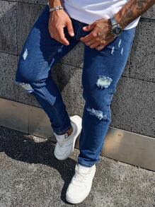 Manfinity Homme Men's Front Button Pocket Distressed Minimalist Denim Jeans, Casual Daily Wear - Blue - View 5