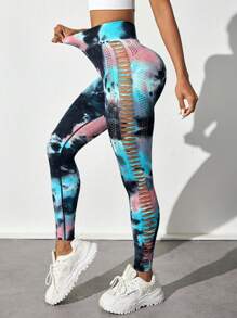 SHEIN Sport Studio Tie Dye Mesh High Waist Tight Yoga Leggings, Suitable For Yoga And Exercise