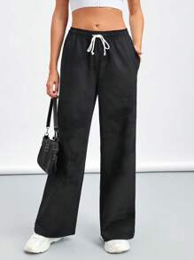 Women's Loose Fit Straight Leg Drawstring Sports Pants With Pockets - Black - View 1