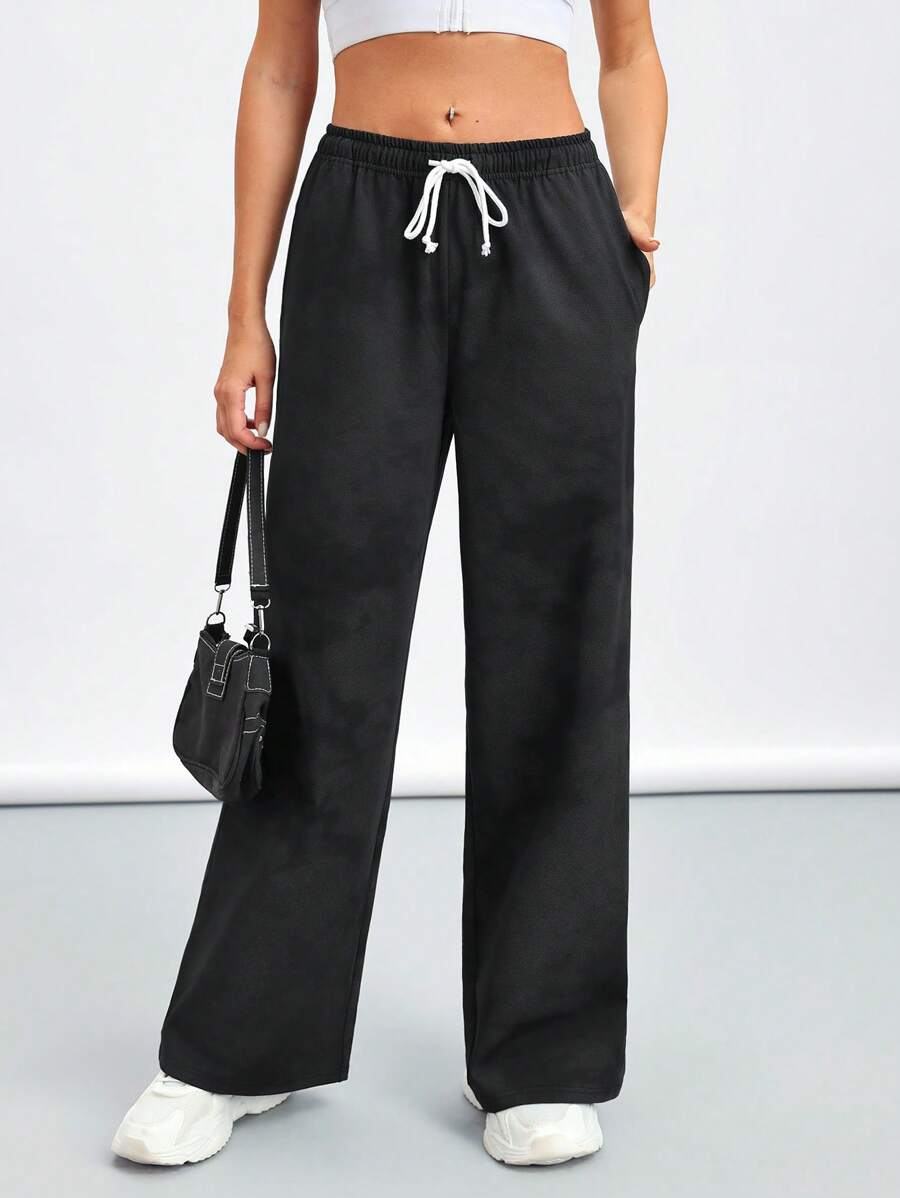Women's Loose Fit Straight Leg Drawstring Sports Pants With Pockets - Black - View 1