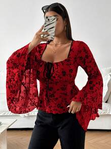 Flirla Plus Size Women Flared Sleeve Tie-Up Ruched Mesh Flocked Fitted Knee-Length Party T-Shirt - Multicolor - View 4