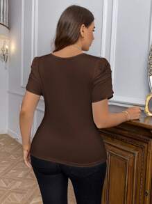 SHEIN Privé Plus Size Women Ruched Scoop Neck Drawstring Puff Short Sleeve Fitted White T-Shirt - Brown - View 2