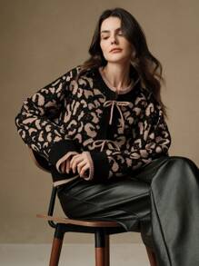 Anewsta Áo len cardigan dệt kim cổ tròn tay dài họa tiết da báo thắt nơ, thanh lịch cho năm mới dành cho nữ - màu đen - Xem 4