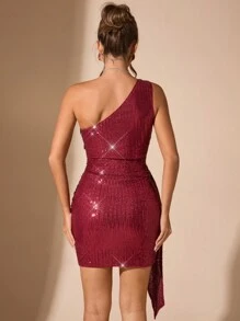 SHEIN BAE Autumn/Winter Solid Red/Burgundy Asymmetric Wrap Tight-Fitting Mini Dress With Ruched Hem, Elegant Sequin Embellishment, Suitable For Graduation Party, Formal Occasions, Cocktail Party, Romantic Date, Layering, Party, Nightclub, Wedding Bridesmaid, Going Out, Halloween, Christmas