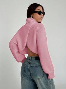 Lunelith SHEIN Lunessa Damen Pullover mit hohem Kragen, Langarm, unifarben, wickeloptik, gekürzt, Lässig, Herbst/Winter