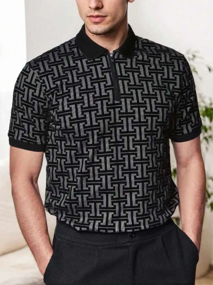 Manfinity Dauomo Athletic Fashion Business Geometric Print Short Sleeve Zip-Up Collar Men's Polo Shirt - Black - View 1