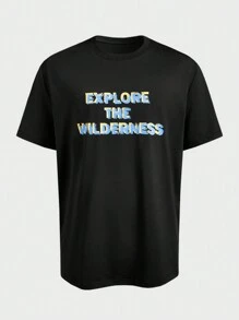 In My Nature 男士圆领短袖字母印花休闲户外 T 恤和背心，简约设计 - 黑色 - 查看 1