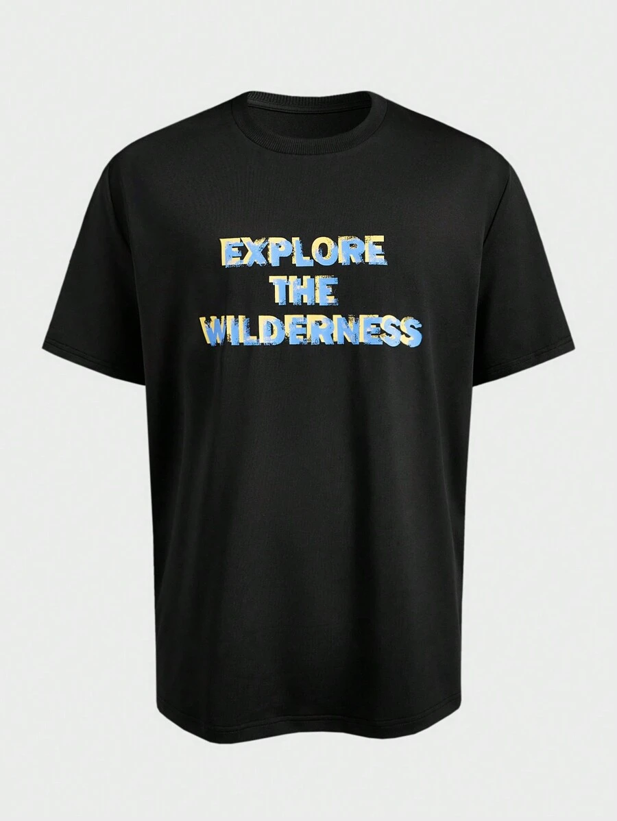In My Nature 男士圆领短袖字母印花休闲户外 T 恤和背心，简约设计 - 黑色 - 查看 1