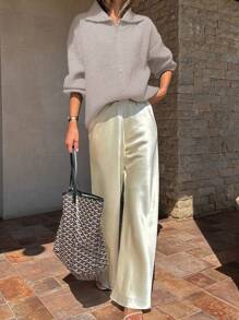 DAZY Áo khoác cardigan dài tay rộng rãi màu trơn cổ bẻ cho nữ, quần áo mùa thu cho nữ - Màu Khaki - Xem 4