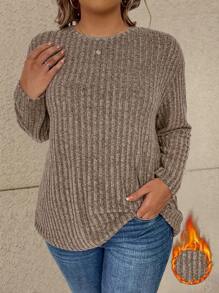 SHEIN Plus Size Crew Neck Long Sleeve Ribbed Minimalist T-Shirt, Casual Daily Wear
