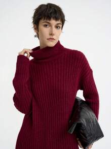 Aalyst High-Neck Solid Color Side Slit Casual Sweater Dress, Autumn/Winter Fall Cloth For Women