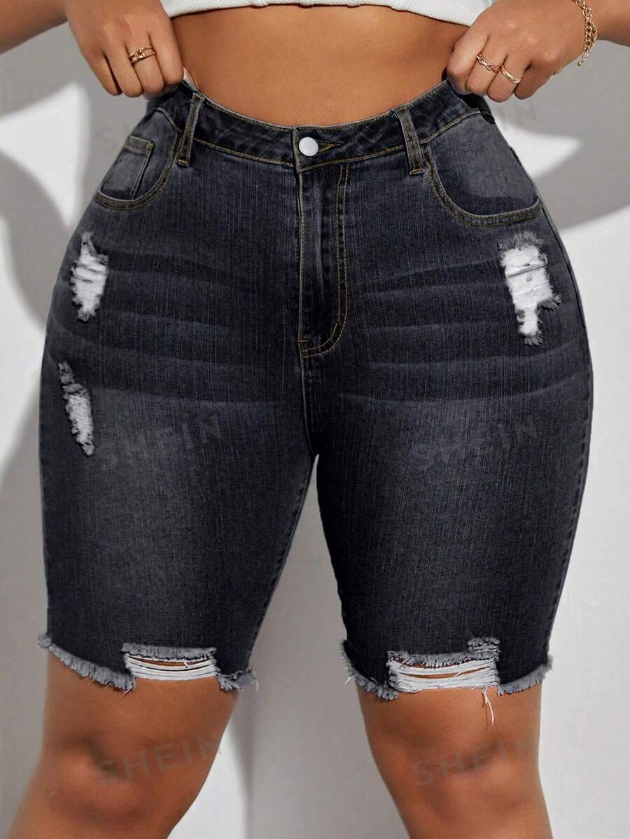 SHEIN SXY Shorts vaqueros informales con efecto desgastado de talla grande