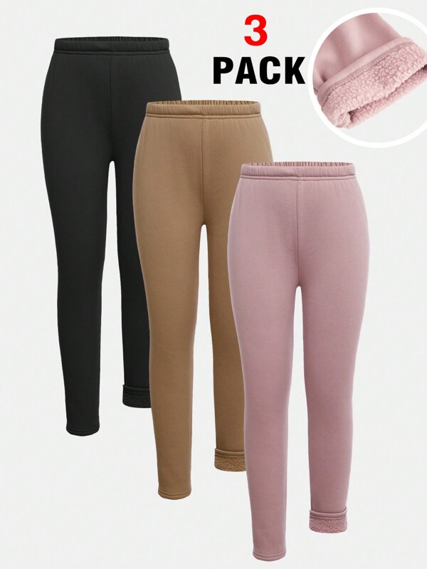SHEIN Girlism 3 piezas Pantalones con forro térmico de estilo casual para niña preadolescente, diseño sólido básico para otoño e invierno