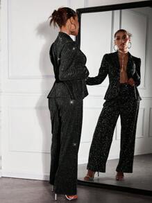 SHEIN SXY Plus Size Women's Elegant Shiny High-Waisted Straight Leg Black Dress Pants, Suitable For Party In Autumn & Winter