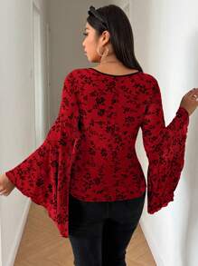 Flirla Plus Size Women Flared Sleeve Tie-Up Ruched Mesh Flocked Fitted Knee-Length Party T-Shirt - Multicolor - View 2