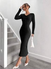 Roylia Black Long Sleeve Fitted Knit Sweater Dress With Stylistic Design, Elegant For Autumn/Winter Fall Cloth For Women