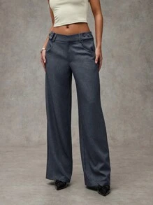 SHEIN BAE Women's Casual & Commuting Solid Color Low-Waist Wide-Leg Suit Pants Winter Women Clothes Thanksgiving Women Outfit Flare Leggings Christmas Women Dress