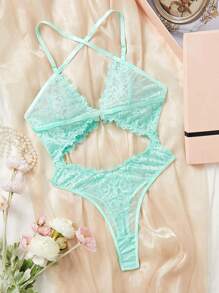 SHEIN Classic Sexy Women's Sexy Lace Hollow Out Fashionable Bodysuit Lingerie