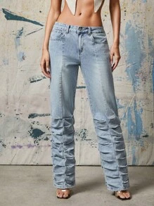 Denimoi Jeans de denim con bolsillo, cierre y pierna fruncida de unicolor - Azul lavado medio - Ver 5