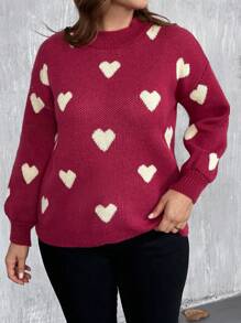SHEIN LUNE Plus Size Heart Pattern Crew Neck Long Sleeve Simple Casual Top, Everyday Wear, For Winter Knit Pullover Fall - Red Violet - View 1
