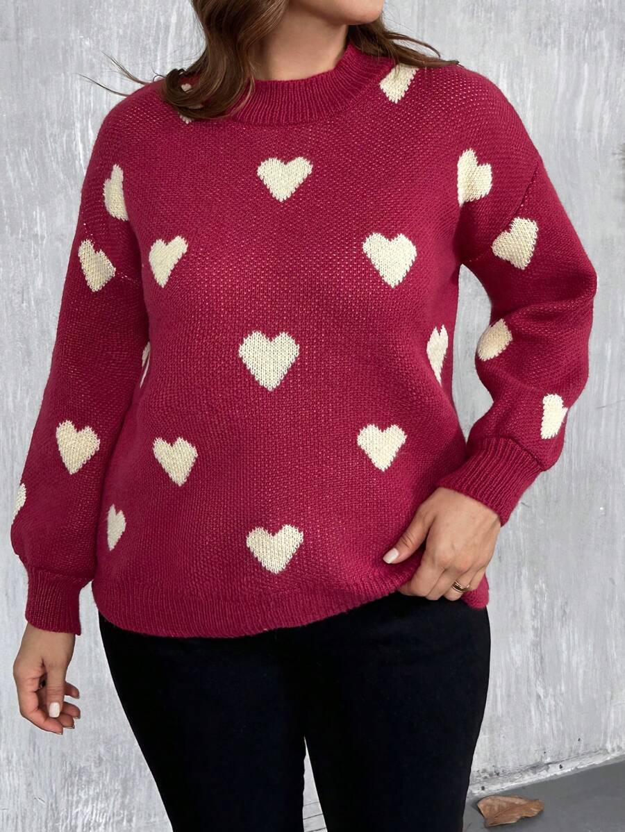 SHEIN LUNE Plus Size Heart Pattern Crew Neck Long Sleeve Simple Casual Top, Everyday Wear, For Winter Knit Pullover Fall - Red Violet - View 1