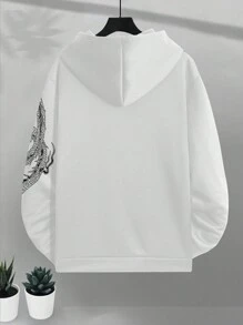 Manfinity Homme 大码男士长袖印花简约连帽衫，休闲日常穿着外出白色中国龙图案连帽衫，适合朋友、丈夫、男朋友的礼物