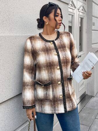 SHEIN Privé 女式加大码前扣长袖口袋格子夹克，休闲简约设计，适合冬季