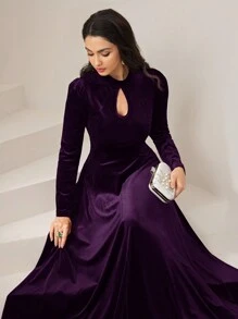 Modelyn 勃艮第红色女士纯色锁眼领泡泡袖优雅连衣裙长款晚礼服 - 紫色 - 查看 6