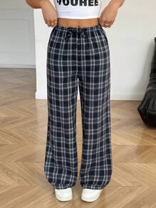 SHEIN Teen Girl Preppy Style Checkered Drawstring Wide Leg Loose Casual Pants - Royal Blue - View 5