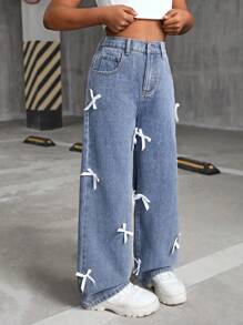 SHEIN Jeans rectos de mezclilla desgastada con bolsillos decorados con moños, ropa de otoño para el regreso a la escuela para niñas preadolescentes con estilo Y2K - Lavado ligero - Ver 3