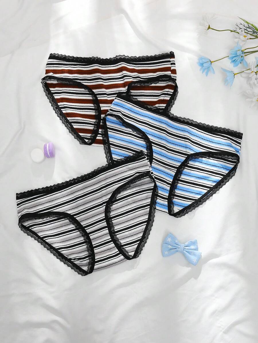 3pcs Comfy Casual Daily Striped Colorful Triangle Panties With Lace Trim, Teens Girls Underwear - Multicolor - View 1