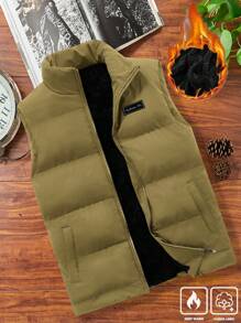 Manfinity Homme Loose Fit Men's Letter Patched Thick Padded  Vest Jacket - Army Green - View 1