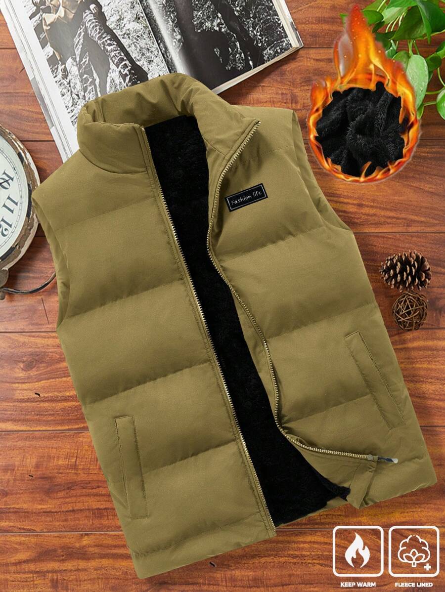 Manfinity Homme Loose Fit Men's Letter Patched Thick Padded  Vest Jacket - Army Green - View 1
