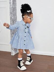 Bubblio Baby Girl Woven Long Sleeve Striped Collared Fitted Casual Dress (Tie Not Included) - Blue - View 6