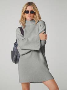 Easelle 灰色针织高领休闲百搭长袖毛衣连衣裙 - 灰色 - 查看 4