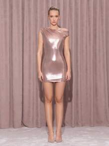 KHELA THE LABEL Designer Elegant Women's Champagne Coated Asymmetrical Neck Ruched Sexy Party Mini Dress, Holiday Concert Outfit, Birthday Concert Outfits, Wedding, Festival, Rave Outfits, Prom Dress, Graduation Dress, Women Summer Dresses - Baby Pink - View 3