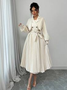 Chiquease Women's Autumn/Winter French Elegant Lapel Buttoned Waist Tie Ruched Hem Trench Coat - Apricot - View 1