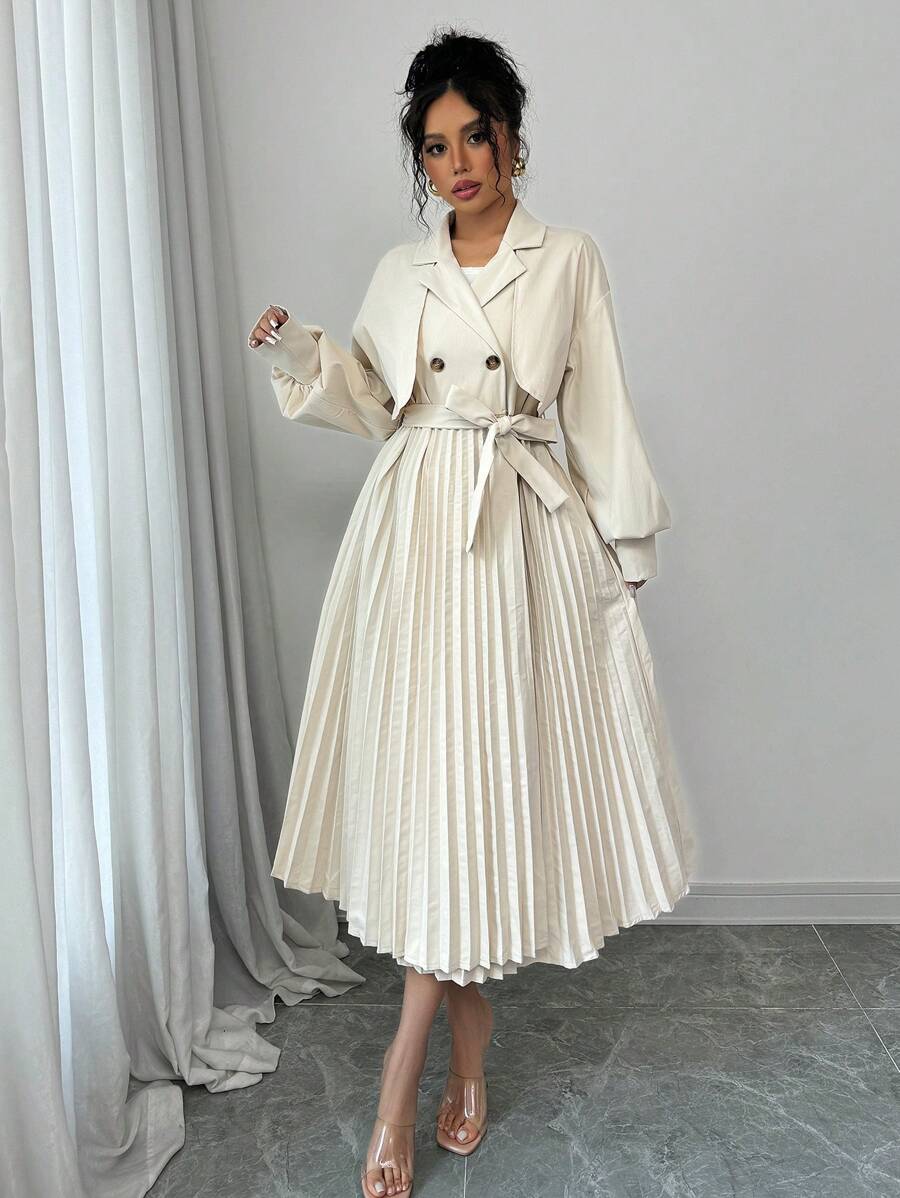 Chiquease Women's Autumn/Winter French Elegant Lapel Buttoned Waist Tie Ruched Hem Trench Coat - Apricot - View 1